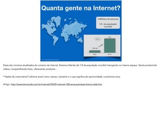 Quanta gente na Internet?
3 Bilhões de pessoas
1/3 da população
mundial
Fonte: http://www.tecmundo.com.br
2000 2013
316 mil
3 bi
741%
 