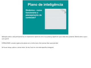 Plano de inteligência
Dinâmica - como
funcionaria o
planejamento de
conteúdo?
 