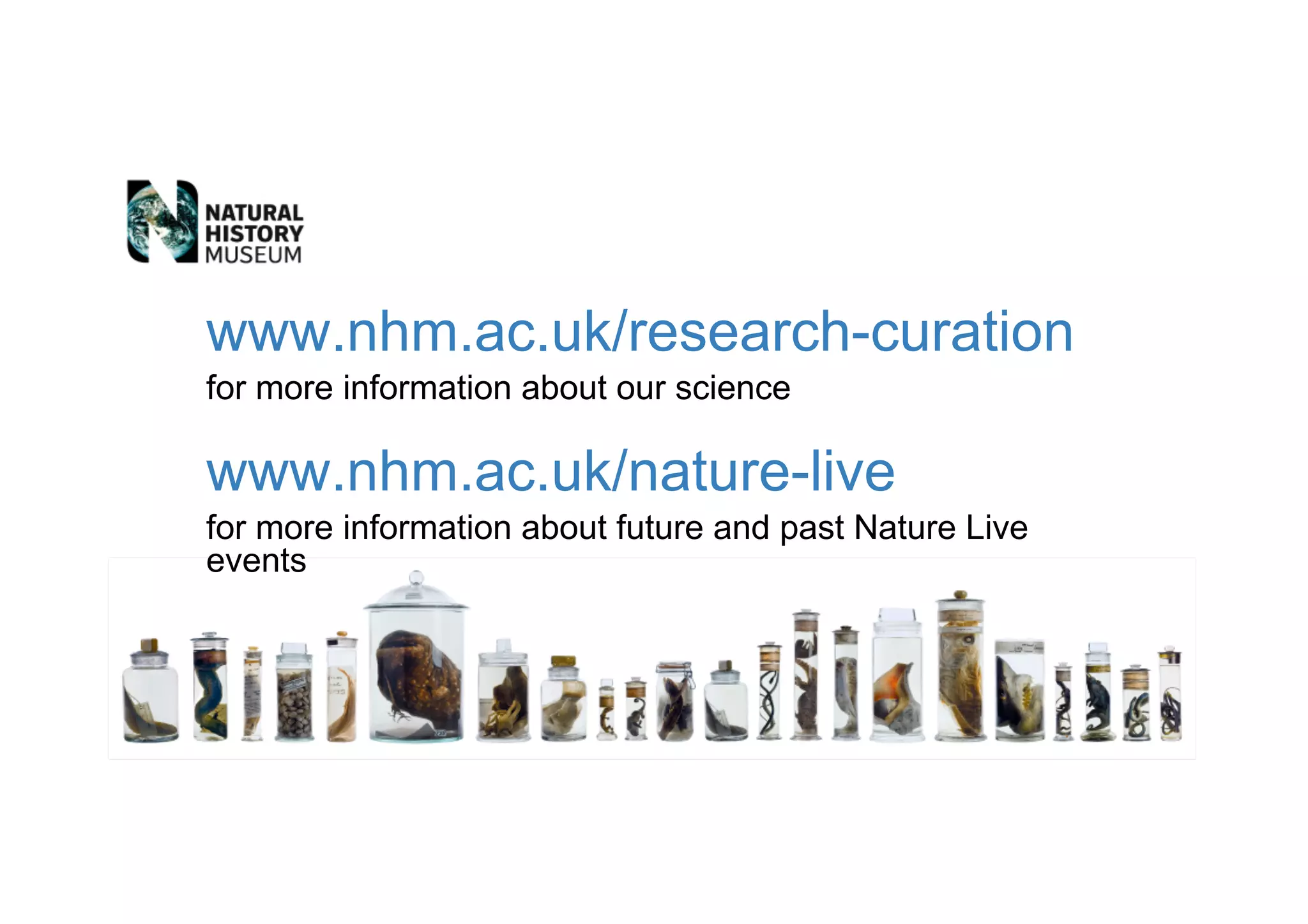 www.nhm.ac.uk/research-curation
for more information about our science
www.nhm.ac.uk/nature-live
for more information about future and past Nature Live
events