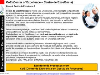 12Versão 20 | Mar 2015
ComoImplementarEscritóriodeProcessos
rildo.santos@etecnologia.com.br | etecnologia.com.br | rildosan@rildosan.com
CoE (Center of Excellence – Centro de Excelência)
O que é Centro de Excelência ?
Centro de Excelência (CoE) refere-se a uma equipe, uma instalação compartilhada
ou uma entidade que fornece a liderança, evangelização, melhores práticas, pesquisa,
apoio e / ou formação de uma área de foco.
A área de foco, neste caso, pode ser uma inovação, tecnologia, estratégia, negócio,
projetos, processos ou uma ampla área de estudo (por exemplo, a saúde das
mulheres ). Um centro de excelência também pode ser destinado a revitalizar
iniciativas paralisadas.
Dentro de uma organização, um Centro de Excelência pode se referir a uma equipe,
um departamento ou uma instalação compartilhada.
Pode também ser conhecido como um centro de competência ou a um centro de
capacidade . O termo também pode se referir a uma rede de instituições que
colaboram entre si para buscar a excelência em uma área particular.
Centros de Excelência estão surgindo como ativo estratégico para servir como o
principal veículo para o gerenciamento de iniciativas de mudança complexas, para
apoiar às empresas em funções criticas de negócio, tecnologia, manufatura, logística e
etc.
O Conceito de Centros de Excelência (CoE) está amadurecendo rapidamente nas
organizações, devido à necessidade de colaboração para determinar soluções para
problemas complexos de negócios.
Exemplos de CoE: PMO, BMO, BPMOffice, RiskOffice e etc
Escritório de Processos é um
CoE (Centro de Excelência em Gestão de Processos)
 