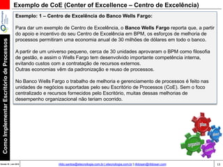13Versão 20 | Mar 2015
ComoImplementarEscritóriodeProcessos
rildo.santos@etecnologia.com.br | etecnologia.com.br | rildosan@rildosan.com
Exemplo de CoE (Center of Excellence – Centro de Excelência)
Exemplo: 1 – Centro de Excelência do Banco Wells Fargo:
Para dar um exemplo de Centro de Excelência, o Banco Wells Fargo reporta que, a partir
do apoio e incentivo do seu Centro de Excelência em BPM, os esforços de melhoria de
processos permitiram uma economia anual de 30 milhões de dólares em todo o banco.
A partir de um universo pequeno, cerca de 30 unidades aprovaram o BPM como filosofia
de gestão, e assim o Wells Fargo tem desenvolvido importante competência interna,
evitando custos com a contratação de recursos externos.
Outras economias vêm da padronização e reuso de processos.
No Banco Wells Fargo o trabalho de melhoria e gerenciamento de processos é feito nas
unidades de negócios suportadas pelo seu Escritório de Processos (CoE). Sem o foco
centralizado e recursos fornecidos pelo Escritório, muitas dessas melhorias de
desempenho organizacional não teriam ocorrido.
 