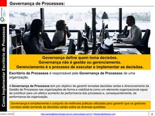 28Versão 20 | Mar 2015
ComoImplementarEscritóriodeProcessos
rildo.santos@etecnologia.com.br | etecnologia.com.br | rildosan@rildosan.com
Governança de Processos:
Governança define quem toma decisões.
Governança não é gestão ou gerenciamento.
Gerenciamento é o processo de executar e implementar as decisões.
Escritório de Processos é responsável pela Governança de Processos de uma
organização.
A Governança de Processos tem por objetivo de garantir tomadas decisões certas e direcionamento da
Gestão de Processos nas organizações de forma a viabilizá-la como um elemento organizacional capaz
de contribuir para um efetivo aumento da performance dos processos e, consequentemente, da
performance da organização.
Governança é simplesmente o conjunto de melhores práticas utilizadas para garantir que os gestores
corretos estão tomando as decisões certas sobre as diversas questões
 