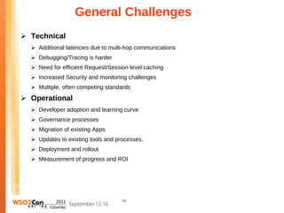 General Challenges
 Technical
   Additional latencies due to multi-hop communications
   Debugging/Tracing is harder
   Need for efficient Request/Session level caching
   Increased Security and monitoring challenges
   Multiple, often competing standards
 Operational
   Developer adoption and learning curve
   Governance processes
   Migration of existing Apps
   Updates to existing tools and processes.
   Deployment and rollout
   Measurement of progress and ROI




                                    14
 