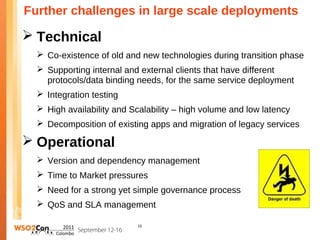 Further challenges in large scale deployments

 Technical
   Co-existence of old and new technologies during transition phase
   Supporting internal and external clients that have different
    protocols/data binding needs, for the same service deployment
   Integration testing
   High availability and Scalability – high volume and low latency
   Decomposition of existing apps and migration of legacy services

 Operational
   Version and dependency management
   Time to Market pressures
   Need for a strong yet simple governance process
   QoS and SLA management

                           15
 