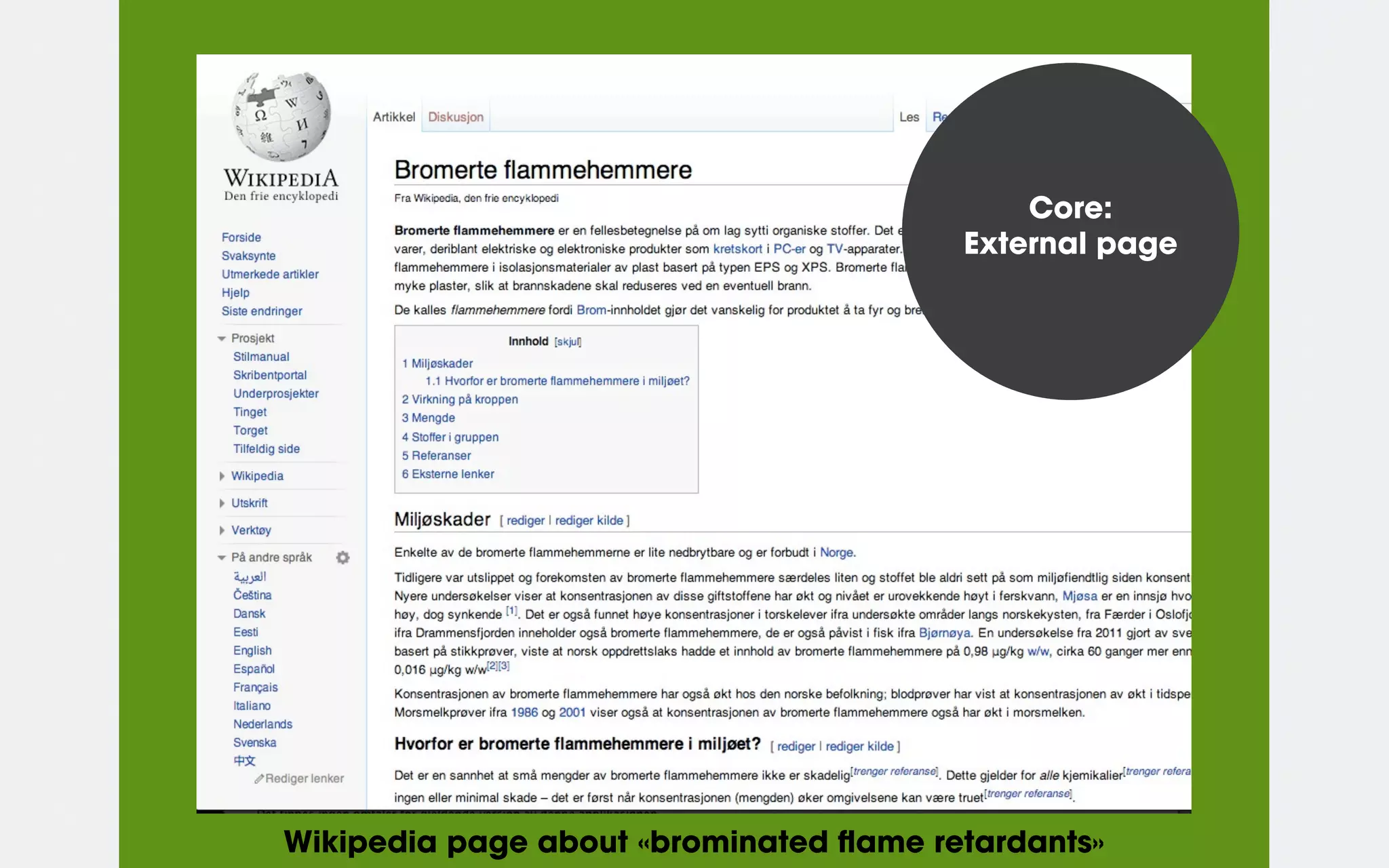 Or something completely else
Core:
External page
Wikipedia page about «brominated ﬂame retardants»
 