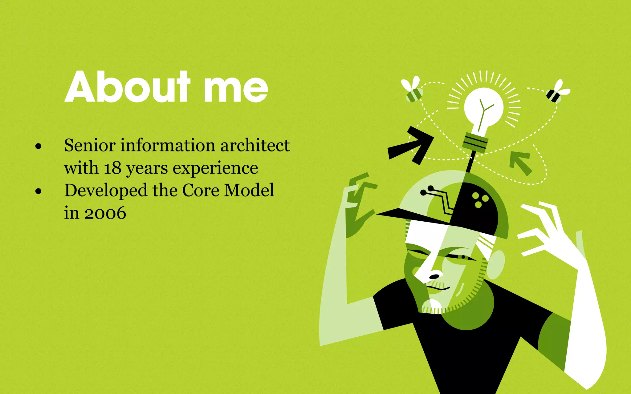 About me
• Senior information architect
with 18 years experience
• Developed the Core Model
in 2006
 