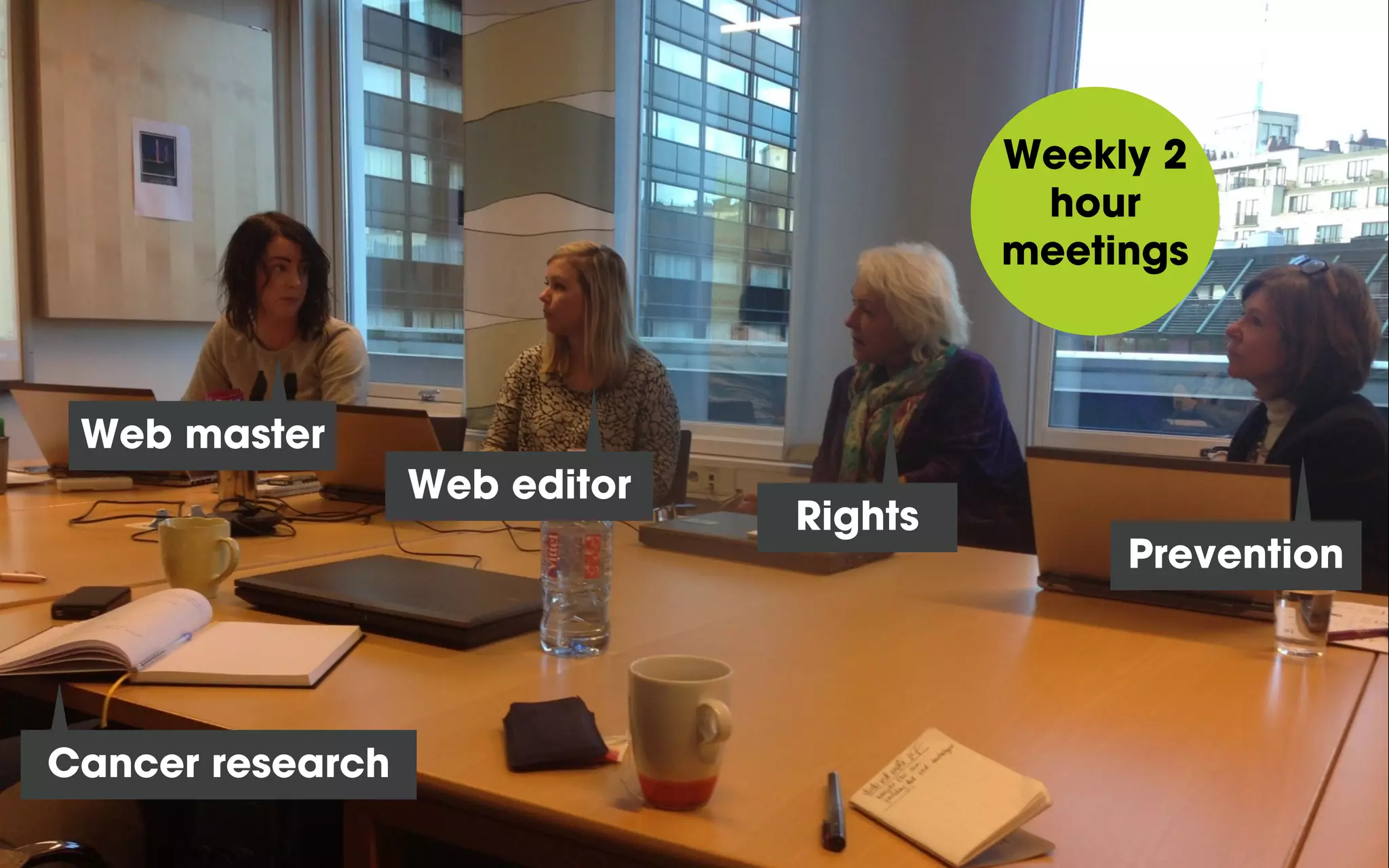 Web master
Web editor
Cancer research
Rights
Prevention
Weekly 2
hour
meetings
 