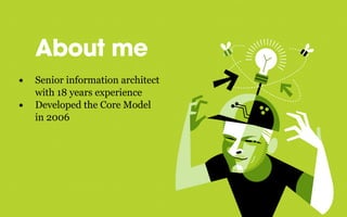 About me
• Senior information architect
with 18 years experience
• Developed the Core Model
in 2006
 