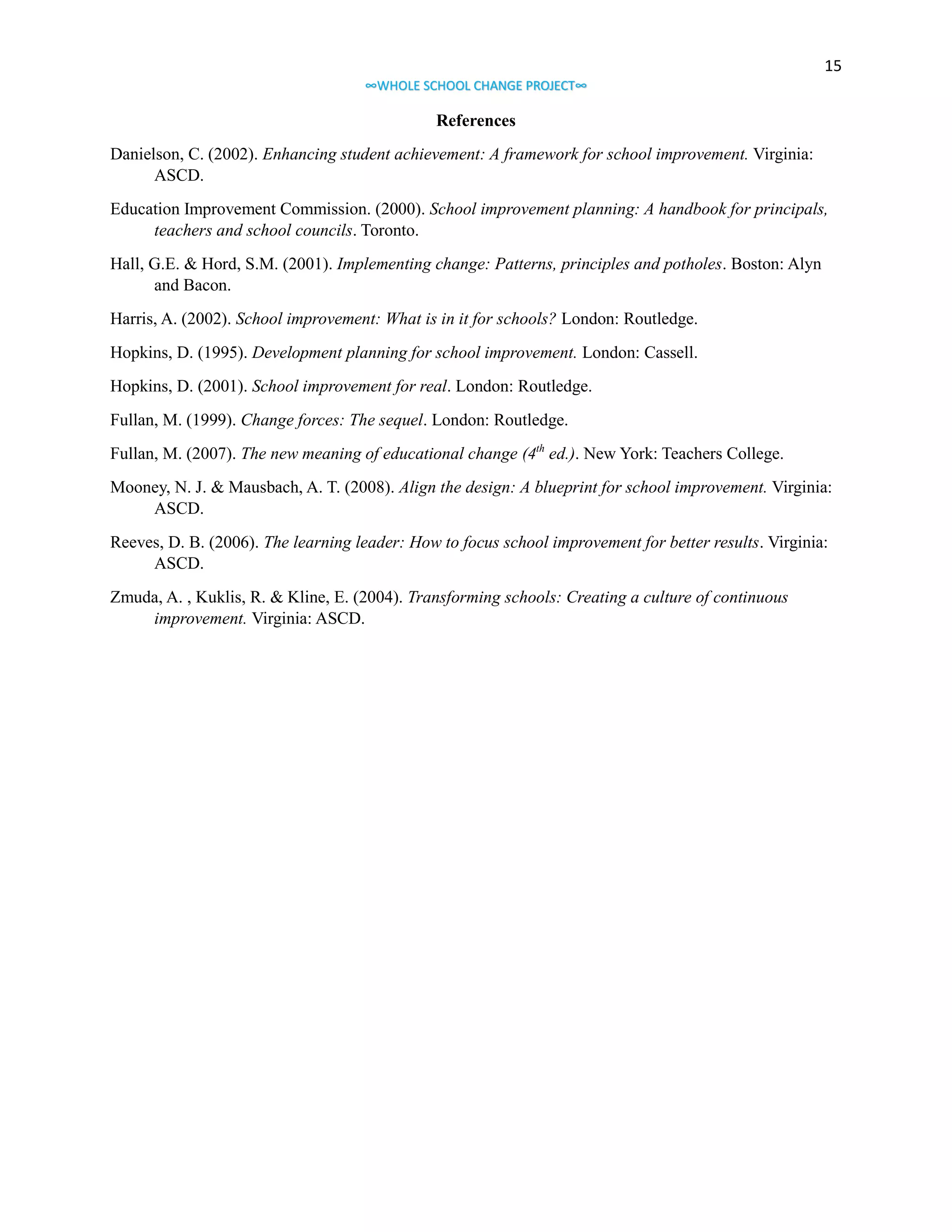 15
∞WHOLE SCHOOL CHANGE PROJECT∞

References
Danielson, C. (2002). Enhancing student achievement: A framework for school improvement. Virginia:
ASCD.
Education Improvement Commission. (2000). School improvement planning: A handbook for principals,
teachers and school councils. Toronto.
Hall, G.E. & Hord, S.M. (2001). Implementing change: Patterns, principles and potholes. Boston: Alyn
and Bacon.
Harris, A. (2002). School improvement: What is in it for schools? London: Routledge.
Hopkins, D. (1995). Development planning for school improvement. London: Cassell.
Hopkins, D. (2001). School improvement for real. London: Routledge.
Fullan, M. (1999). Change forces: The sequel. London: Routledge.
Fullan, M. (2007). The new meaning of educational change (4th ed.). New York: Teachers College.
Mooney, N. J. & Mausbach, A. T. (2008). Align the design: A blueprint for school improvement. Virginia:
ASCD.
Reeves, D. B. (2006). The learning leader: How to focus school improvement for better results. Virginia:
ASCD.
Zmuda, A. , Kuklis, R. & Kline, E. (2004). Transforming schools: Creating a culture of continuous
improvement. Virginia: ASCD.

 