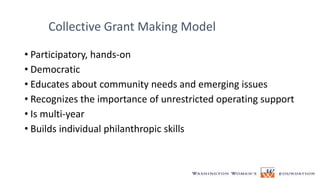 Collective Grant Making Model
• Participatory, hands-on
• Democratic
• Educates about community needs and emerging issues
• Recognizes the importance of unrestricted operating support
• Is multi-year
• Builds individual philanthropic skills
 