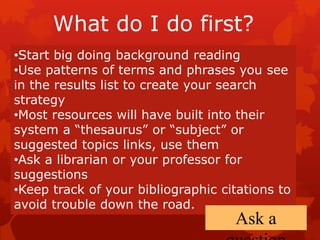What do I do first?
•Start big doing background reading
•Use patterns of terms and phrases you see
in the results list to create your search
strategy
•Most resources will have built into their
system a “thesaurus” or “subject” or
suggested topics links, use them
•Ask a librarian or your professor for
suggestions
•Keep track of your bibliographic citations to
avoid trouble down the road.
                                    Ask a
 