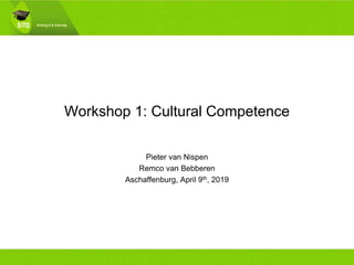 Workshop 1: Cultural Competence
Pieter van Nispen
Remco van Bebberen
Aschaffenburg, April 9th, 2019
 