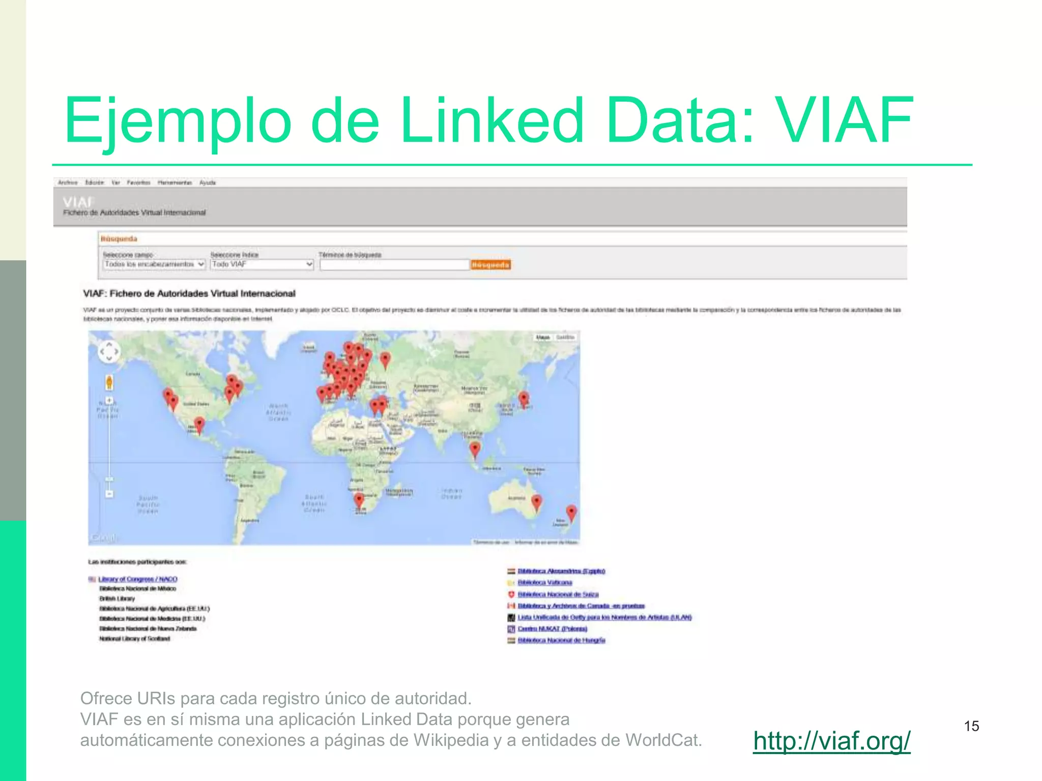 Ejemplo de Linked Data: VIAF
15
http://viaf.org/
Ofrece URIs para cada registro único de autoridad.
VIAF es en sí misma una aplicación Linked Data porque genera
automáticamente conexiones a páginas de Wikipedia y a entidades de WorldCat.
 