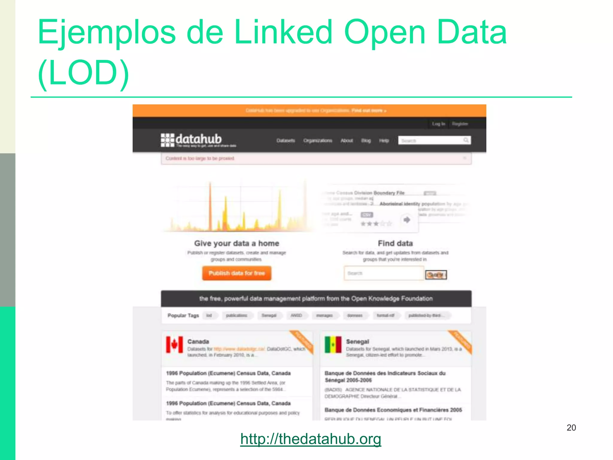 Ejemplos de Linked Open Data
(LOD)
20
http://thedatahub.org
 