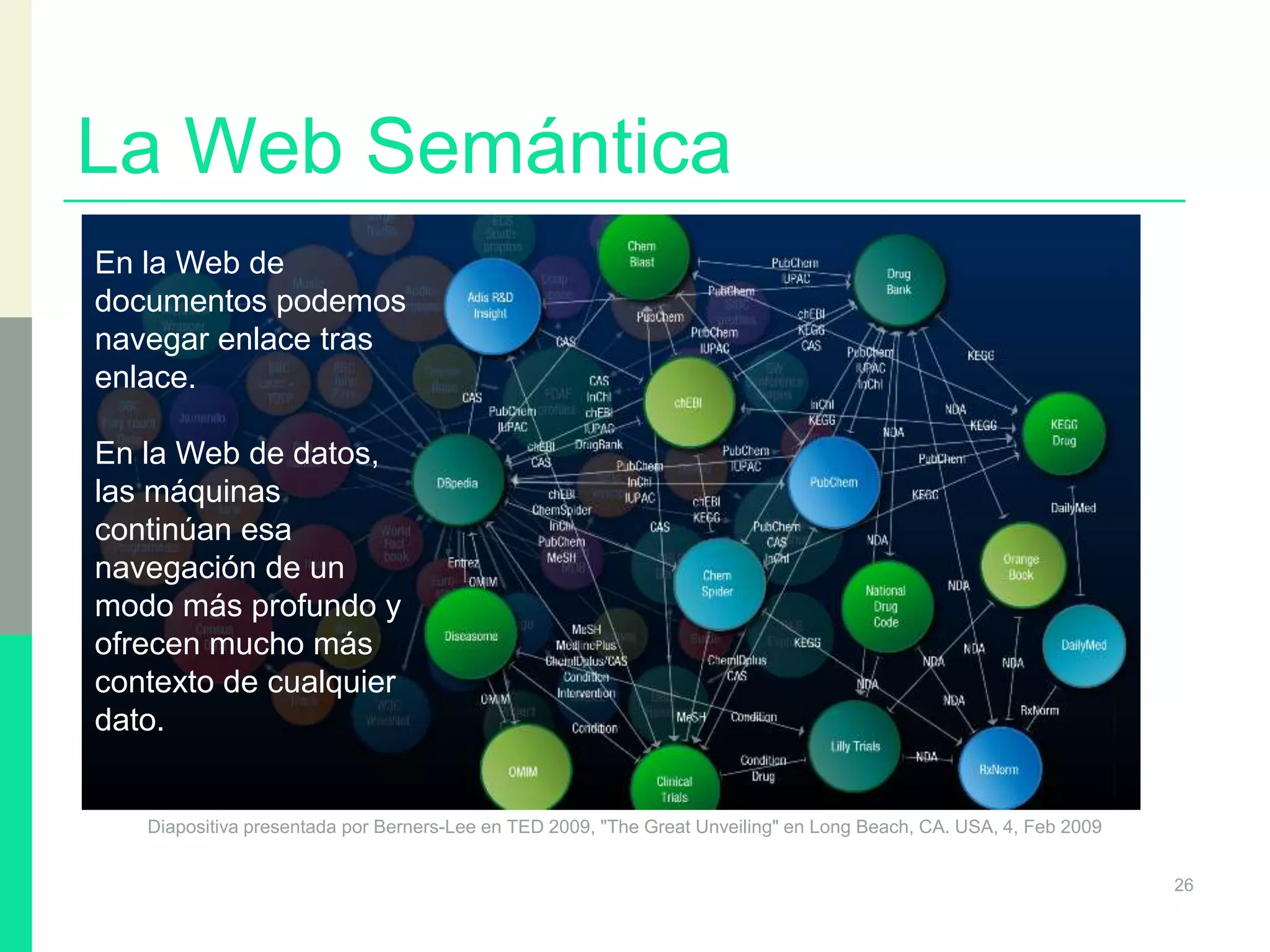 La Web Semántica
26
Diapositiva presentada por Berners-Lee en TED 2009, "The Great Unveiling" en Long Beach, CA. USA, 4, Feb 2009
En la Web de
documentos podemos
navegar enlace tras
enlace.
En la Web de datos,
las máquinas
continúan esa
navegación de un
modo más profundo y
ofrecen mucho más
contexto de cualquier
dato.
 