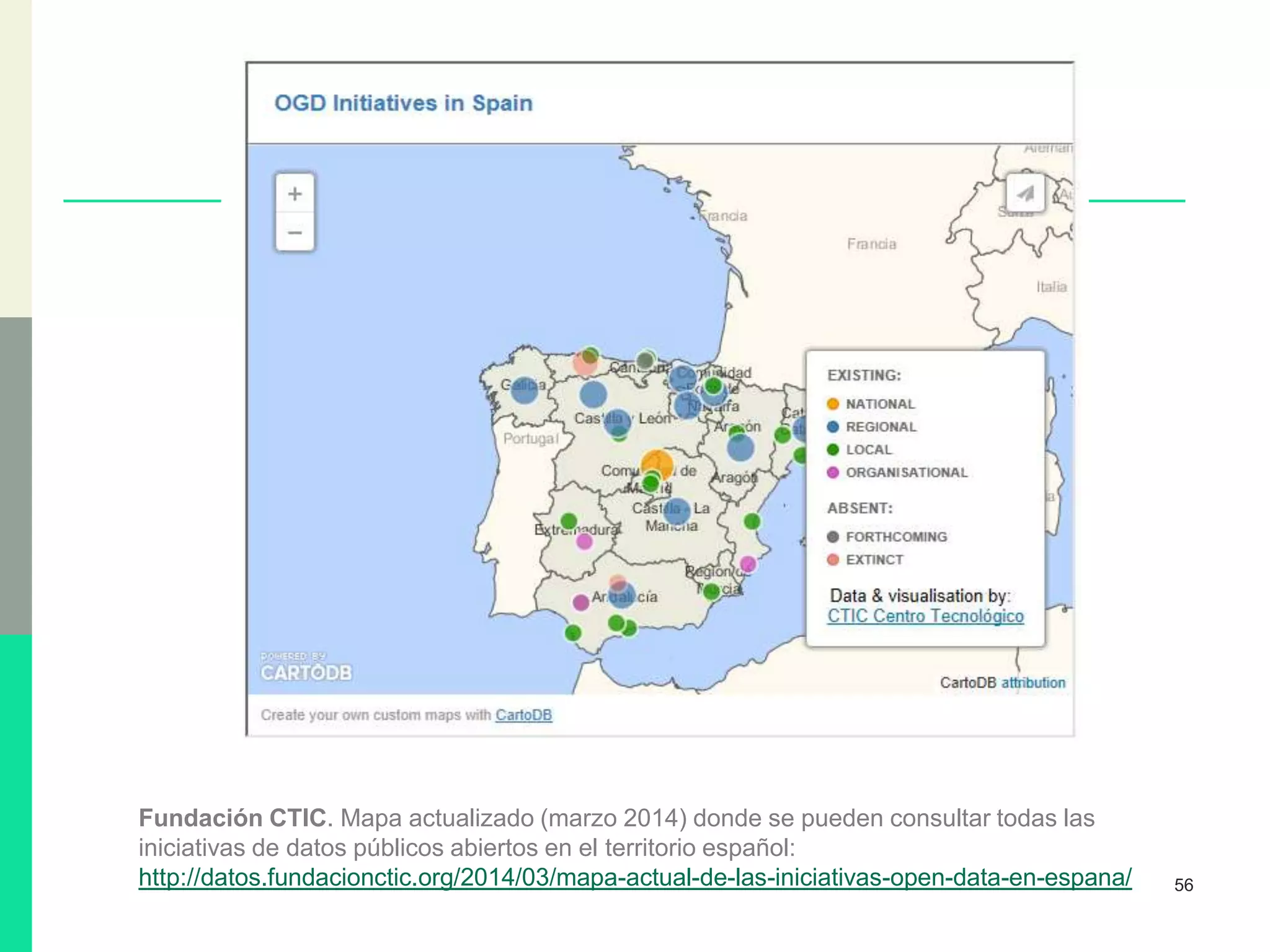 56
Fundación CTIC. Mapa actualizado (marzo 2014) donde se pueden consultar todas las
iniciativas de datos públicos abiertos en el territorio español:
http://datos.fundacionctic.org/2014/03/mapa-actual-de-las-iniciativas-open-data-en-espana/
 