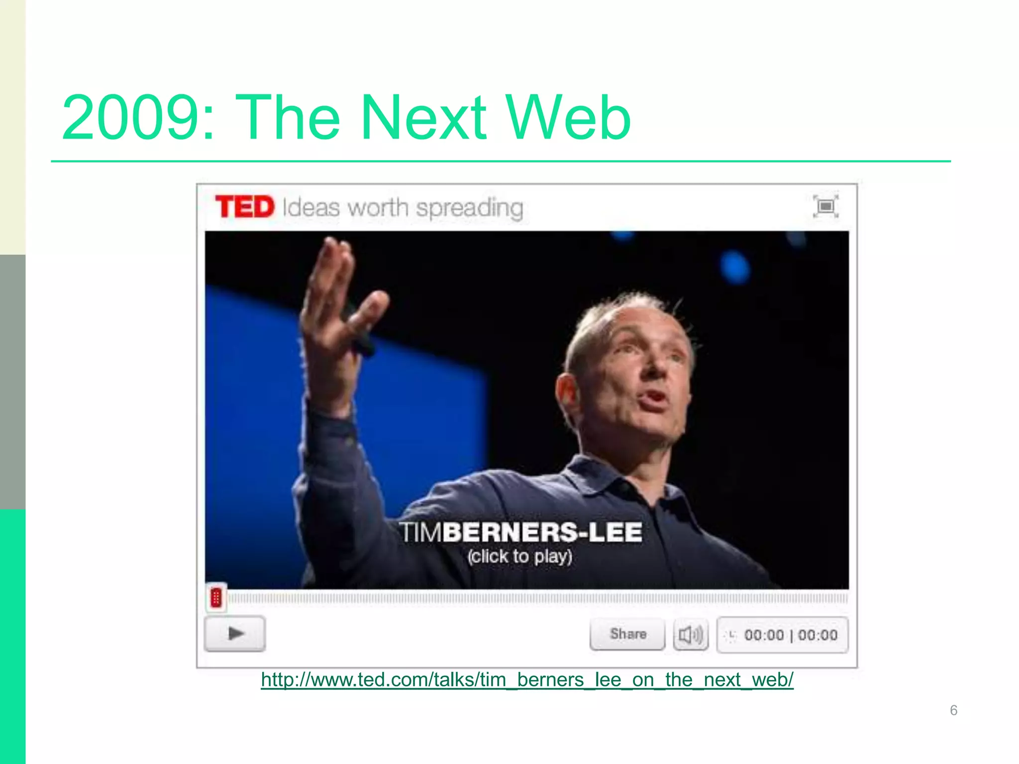 2009: The Next Web
6
http://www.ted.com/talks/tim_berners_lee_on_the_next_web/
 
