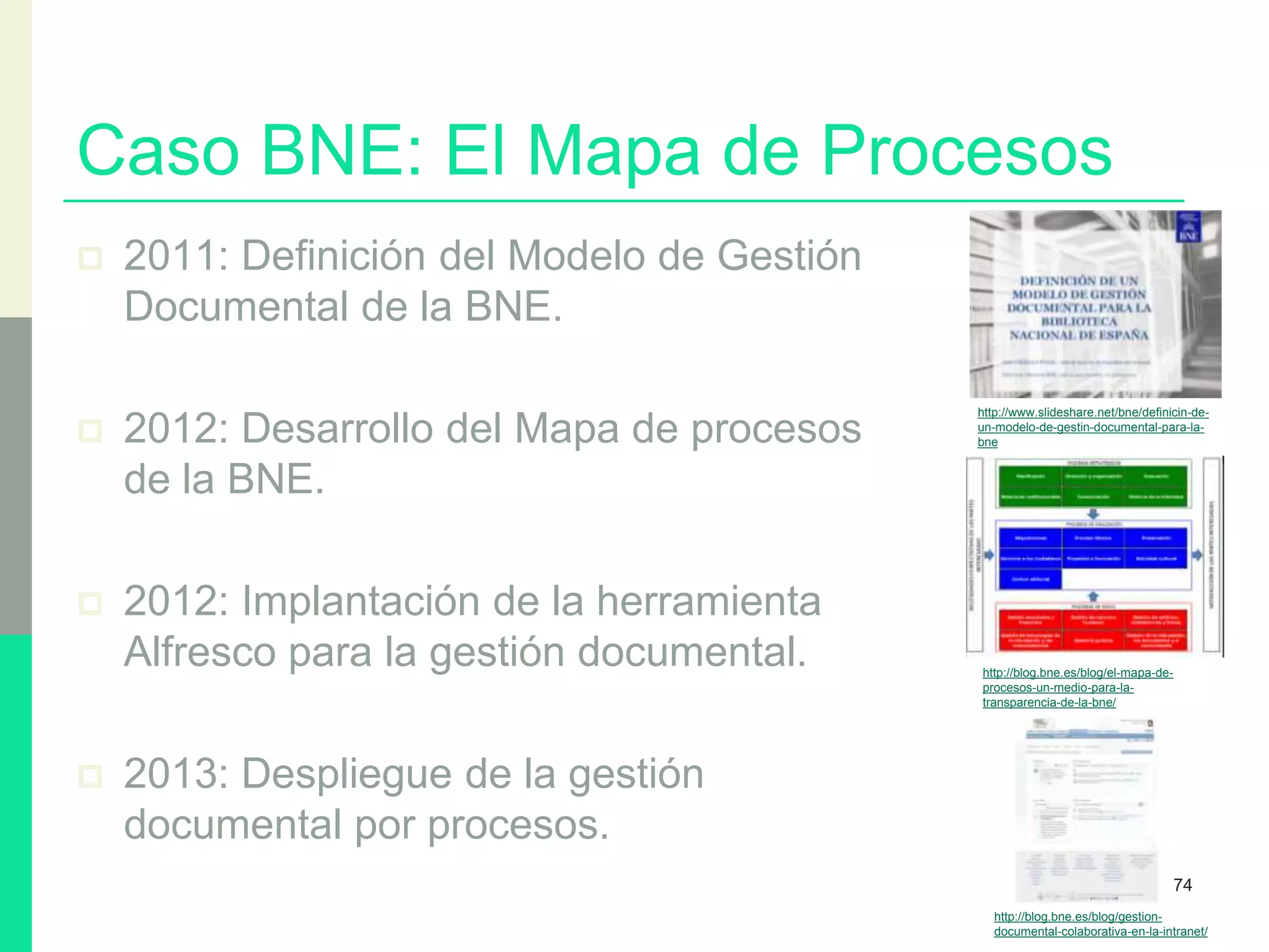 Caso BNE: El Mapa de Procesos
 2011: Definición del Modelo de Gestión
Documental de la BNE.
 2012: Desarrollo del Mapa de procesos
de la BNE.
 2012: Implantación de la herramienta
Alfresco para la gestión documental.
 2013: Despliegue de la gestión
documental por procesos.
74
http://www.slideshare.net/bne/definicin-de-
un-modelo-de-gestin-documental-para-la-
bne
http://blog.bne.es/blog/el-mapa-de-
procesos-un-medio-para-la-
transparencia-de-la-bne/
http://blog.bne.es/blog/gestion-
documental-colaborativa-en-la-intranet/
 