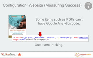 Configuration: Website (Measuring Success)

Some items such as PDFs can’t
have Google Analytics code.

Use event tracking.

Step

1

 