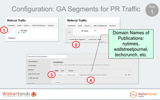 Configuration: GA Segments for PR Traffic
1

Step

Domain Names of
Publications:
nytimes,
wallstreetjournal,
techcrunch, etc.

2

3
4

1

 
