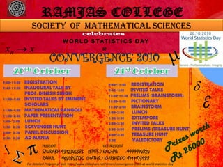 RAMJAS COLLEGE
       Society of mathematical sciences
                                          celebrates
                            W O R L D S T AT I S T I C S D A Y
xn  x                                                  @
                   CONVERGENCE’ 2010

                                                                                                             
                                                                                                                 
              PRESIDENT                                 VICE-PRESIDENT
              SAURABH-9312345383 (STATS.) RAGHAV -9999974824
              RAHUL -9654853776 (MATHS.) KHUSHBOO-9711973988
    For detailed Program pl visit http://www.slideshare.net/dmsrc/convergence-2010-at-world-statistics-day
 