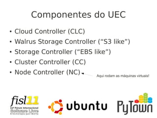 Componentes do UEC
● Cloud Controller (CLC)
● Walrus Storage Controller (“S3 like”)
● Storage Controller (“EBS like”)
● Cluster Controller (CC)
● Node Controller (NC) Aqui rodam as máquinas virtuais!
 