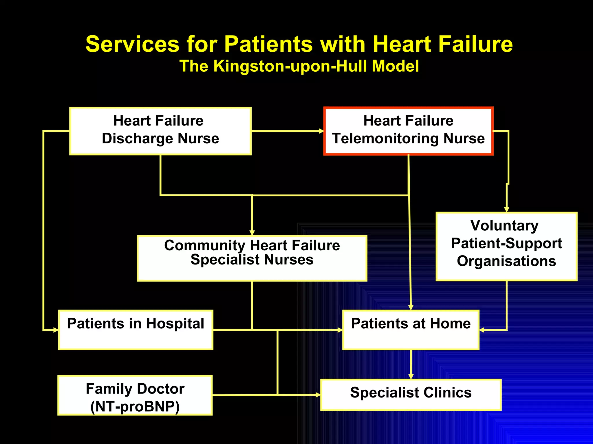 Services for Patients with Heart Failure The Kingston-upon-Hull Model Heart Failure  Discharge Nurse Heart Failure Telemonitoring Nurse Community Heart Failure Specialist Nurses Patients in Hospital Patients at Home Voluntary  Patient-Support Organisations Specialist Clinics Family Doctor (NT-proBNP) 