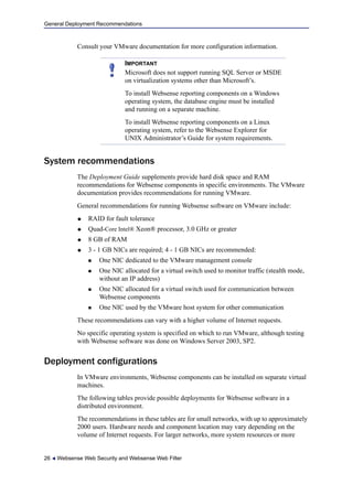 General Deployment Recommendations
26  Websense Web Security and Websense Web Filter
Consult your VMware documentation for more configuration information.
System recommendations
The Deployment Guide supplements provide hard disk space and RAM
recommendations for Websense components in specific environments. The VMware
documentation provides recommendations for running VMware.
General recommendations for running Websense software on VMware include:
 RAID for fault tolerance
 Quad-Core Intel® Xeon® processor, 3.0 GHz or greater
 8 GB of RAM
 3 - 1 GB NICs are required; 4 - 1 GB NICs are recommended:
 One NIC dedicated to the VMware management console
 One NIC allocated for a virtual switch used to monitor traffic (stealth mode,
without an IP address)
 One NIC allocated for a virtual switch used for communication between
Websense components
 One NIC used by the VMware host system for other communication
These recommendations can vary with a higher volume of Internet requests.
No specific operating system is specified on which to run VMware, although testing
with Websense software was done on Windows Server 2003, SP2.
Deployment configurations
In VMware environments, Websense components can be installed on separate virtual
machines.
The following tables provide possible deployments for Websense software in a
distributed environment.
The recommendations in these tables are for small networks, with up to approximately
2000 users. Hardware needs and component location may vary depending on the
volume of Internet requests. For larger networks, more system resources or more
IMPORTANT
Microsoft does not support running SQL Server or MSDE
on virtualization systems other than Microsoft’s.
To install Websense reporting components on a Windows
operating system, the database engine must be installed
and running on a separate machine.
To install Websense reporting components on a Linux
operating system, refer to the Websense Explorer for
UNIX Administrator’s Guide for system requirements.
 