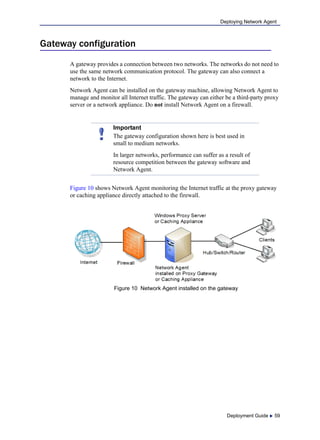 Deployment Guide  59
Deploying Network Agent
Gateway configuration
A gateway provides a connection between two networks. The networks do not need to
use the same network communication protocol. The gateway can also connect a
network to the Internet.
Network Agent can be installed on the gateway machine, allowing Network Agent to
manage and monitor all Internet traffic. The gateway can either be a third-party proxy
server or a network appliance. Do not install Network Agent on a firewall.
Figure 10 shows Network Agent monitoring the Internet traffic at the proxy gateway
or caching appliance directly attached to the firewall.
Figure 10 Network Agent installed on the gateway
Important
The gateway configuration shown here is best used in
small to medium networks.
In larger networks, performance can suffer as a result of
resource competition between the gateway software and
Network Agent.
 