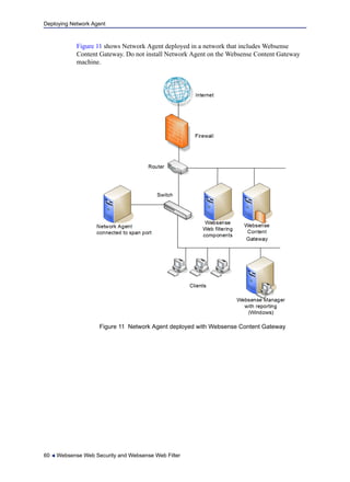 Deploying Network Agent
60  Websense Web Security and Websense Web Filter
Figure 11 shows Network Agent deployed in a network that includes Websense
Content Gateway. Do not install Network Agent on the Websense Content Gateway
machine.
Figure 11 Network Agent deployed with Websense Content Gateway
 