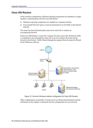 Integration Deployment
68  Websense Web Security and Websense Web Filter
Cisco IOS Routers
In this common configuration, Websense filtering components are installed on a single
machine, communicating with the Cisco IOS Router.
 Websense reporting components are installed on a separate machine.
 If you install Network Agent, it must be positioned to see all traffic on the internal
network.
The router has firewall functionality and can be used with or without an
accompanying firewall.
If the Cisco IOS Router is used with a separate firewall, ensure that all Internet traffic
is configured to pass through the router and is not set to bypass the router and go
directly to the firewall. Traffic filtered through the separate firewall cannot be filtered
by the Websense software.
Figure 16 Common Windows network configuration for Cisco IOS Routers
Other configurations are possible. Consult your Cisco Router documentation and the
information in this chapter to determine the best configuration for your network.
 