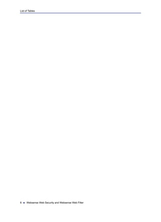 8 Websense Web Security and Websense Web Filter
List of Tables
 