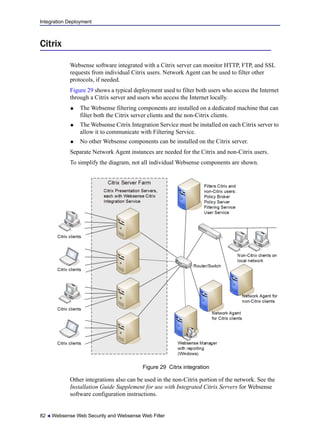 Integration Deployment
82  Websense Web Security and Websense Web Filter
Citrix
Websense software integrated with a Citrix server can monitor HTTP, FTP, and SSL
requests from individual Citrix users. Network Agent can be used to filter other
protocols, if needed.
Figure 29 shows a typical deployment used to filter both users who access the Internet
through a Citrix server and users who access the Internet locally.
 The Websense filtering components are installed on a dedicated machine that can
filter both the Citrix server clients and the non-Citrix clients.
 The Websense Citrix Integration Service must be installed on each Citrix server to
allow it to communicate with Filtering Service.
 No other Websense components can be installed on the Citrix server.
Separate Network Agent instances are needed for the Citrix and non-Citrix users.
To simplify the diagram, not all individual Websense components are shown.
Figure 29 Citrix integration
Other integrations also can be used in the non-Citrix portion of the network. See the
Installation Guide Supplement for use with Integrated Citrix Servers for Websense
software configuration instructions.
 