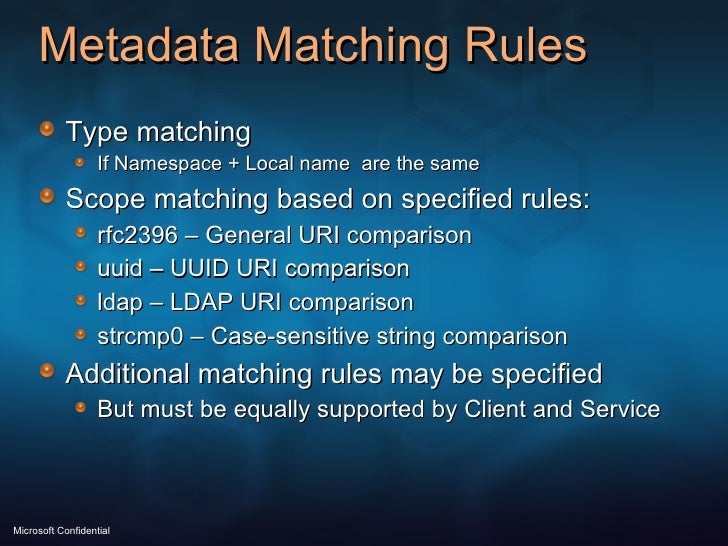 Metadata Matching Rules <ul><li>Type matching </li></ul><ul><ul><li>If Namespace + Local name  are the same </li></ul></ul...