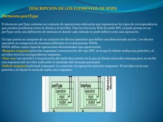 DESCRIPCION DE LOS ELEMENTOS DE WSDL
Elemento portType
El elemento porType contiene un conjunto de operaciones abstractas que representan los tipos de correspondencia
que pueden producirse entre el cliente y el servidor. Para los Servicios Web de estilo RPC se pude pensar en un
porType como una definición de internas en donde cada método se pude definir como una operación.

Un tipo puerto se compone de un conjunto de electos operation que define una determinada acción. Los electos
operation se componen de mensajes definidos en el documento WSDL.
WSDL define cuatro tipos de operaciones denominadas tipo operaciones:
•Request-response(petición-respuesta) comunicación del tipo RPC en la que le cliente realiza una petición y el
servidor envía la correspondiente respuesta.
•One-way (un-sentido) Comunicación del estilo documento en la que el cliente envía ubn mensaje pero no recibe
una respuesta del servidor indicando el resultado del mensaje procesado.
•Solicit-response(solicitud-respuesta) La contraria a la operación petición-respuesta. El servidor envía una
petición y el cliente le envía de vuelta una respuesta.
 