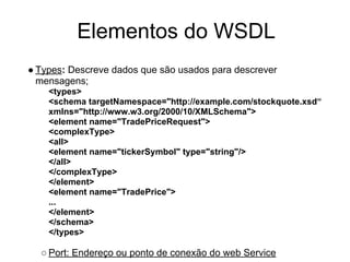 Elementos do WSDL
● Types: Descreve dados que são usados para descrever
mensagens;
<types>
<schema targetNamespace="http://example.com/stockquote.xsd“
xmlns="http://www.w3.org/2000/10/XMLSchema">
<element name="TradePriceRequest">
<complexType>
<all>
<element name="tickerSymbol" type="string"/>
</all>
</complexType>
</element>
<element name="TradePrice">
...
</element>
</schema>
</types>
○ Port: Endereço ou ponto de conexão do web Service
 