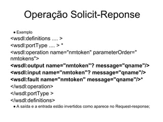 Operação Solicit-Reponse
● Exemplo
<wsdl:definitions .... >
<wsdl:portType .... > *
<wsdl:operation name="nmtoken" parameterOrder="
nmtokens">
<wsdl:output name="nmtoken"? message="qname"/>
<wsdl:input name="nmtoken"? message="qname"/>
<wsdl:fault name="nmtoken" message="qname"/>*
</wsdl:operation>
</wsdl:portType >
</wsdl:definitions>
● A saída e a entrada estão invertidos como aparece no Request-response;
 