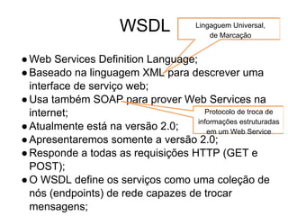 Lingaguem Universal,
de Marcação
WSDL
●Web Services Definition Language;
●Baseado na linguagem XML para descrever uma
interface de serviço web;
●Usa também SOAP para prover Web Services na
internet;
●Atualmente está na versão 2.0;
●Apresentaremos somente a versão 2.0;
●Responde a todas as requisições HTTP (GET e
POST);
●O WSDL define os serviços como uma coleção de
nós (endpoints) de rede capazes de trocar
mensagens;
Protocolo de troca de
informações estruturadas
em um Web Service
 