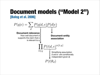 Document models (“Model 2”)
[Balog et al. 2006]
X
P (q|e) =
P (q|d, e)P (d|e)
d

Document relevance
How well document d
supports the claim that e
is relevant to q

Y
t2q

Document-entity
association

P (t|d, e)n(t,q)
Simplifying assumption  
(t and e are conditionally
independent given d)

P (t|✓d )

 