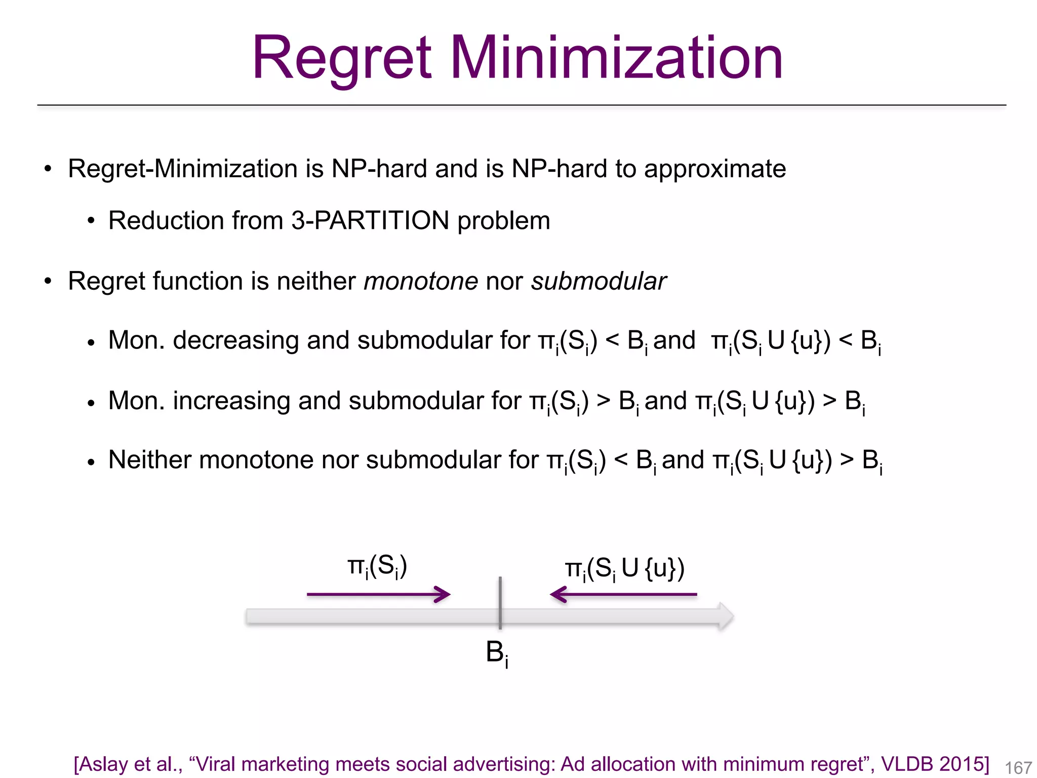 • Regret-Minimization is NP-hard and is NP-hard to approximate
• Reduction from 3-PARTITION problem
• Regret function is neither monotone nor submodular
• Mon. decreasing and submodular for πi(Si) < Bi and πi(Si U {u}) < Bi
• Mon. increasing and submodular for πi(Si) > Bi and πi(Si U {u}) > Bi
• Neither monotone nor submodular for πi(Si) < Bi and πi(Si U {u}) > Bi
!167
Regret Minimization
Bi
πi(Si) πi(Si U {u})
[Aslay et al., “Viral marketing meets social advertising: Ad allocation with minimum regret”, VLDB 2015]
 