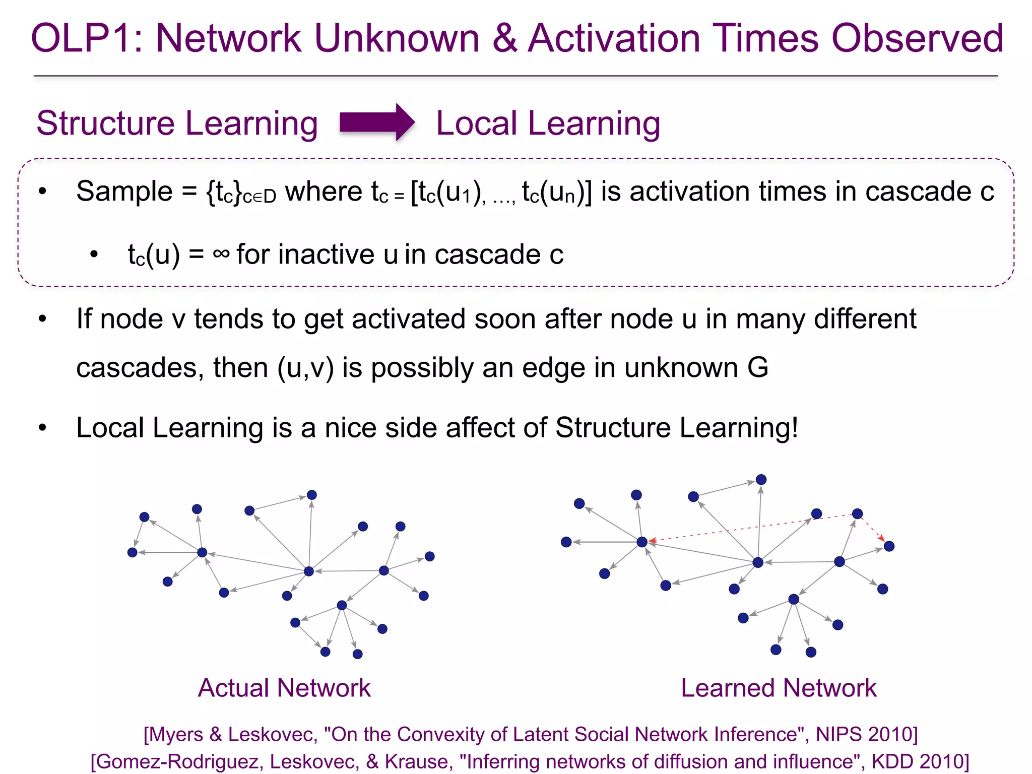 OLP1: Network Unknown & Activation Times Observed
• Sample = {tc}c∈D where tc = [tc(u1), …, tc(un)] is activation times in cascade c
• tc(u) = ∞ for inactive u in cascade c
• If node v tends to get activated soon after node u in many different
cascades, then (u,v) is possibly an edge in unknown G
• Local Learning is a nice side affect of Structure Learning!
Structure Learning
Actual Network Learned Network
Local Learning
[Myers & Leskovec, "On the Convexity of Latent Social Network Inference", NIPS 2010]
[Gomez-Rodriguez, Leskovec, & Krause, "Inferring networks of diffusion and influence", KDD 2010]
 