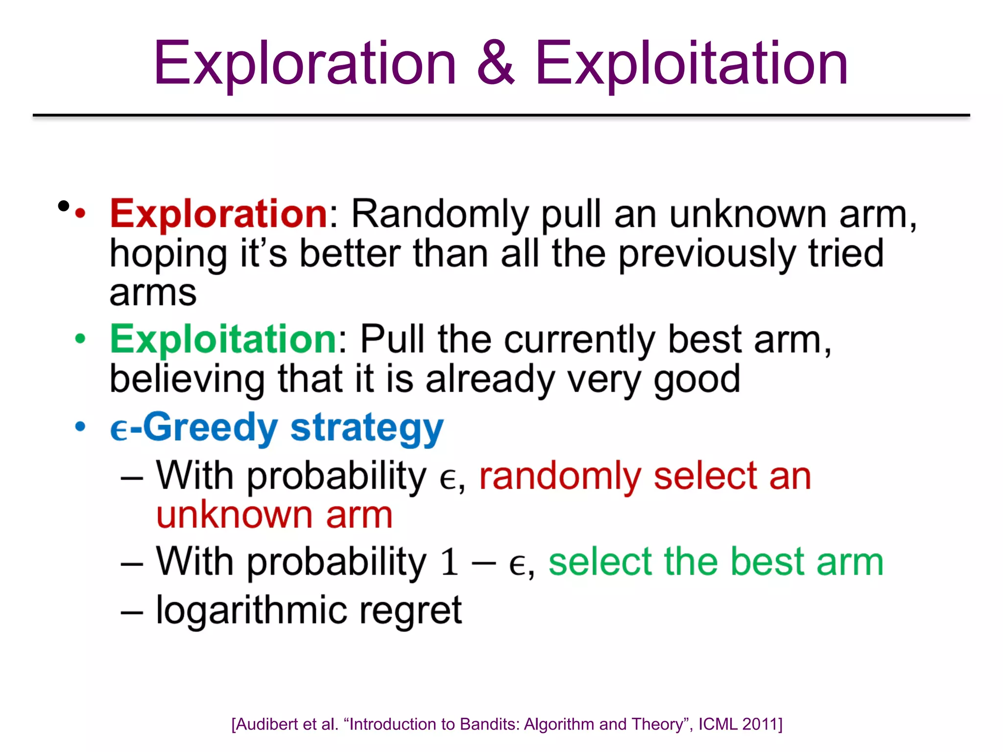Exploration & Exploitation
•
[Audibert et al. “Introduction to Bandits: Algorithm and Theory”, ICML 2011]
 
