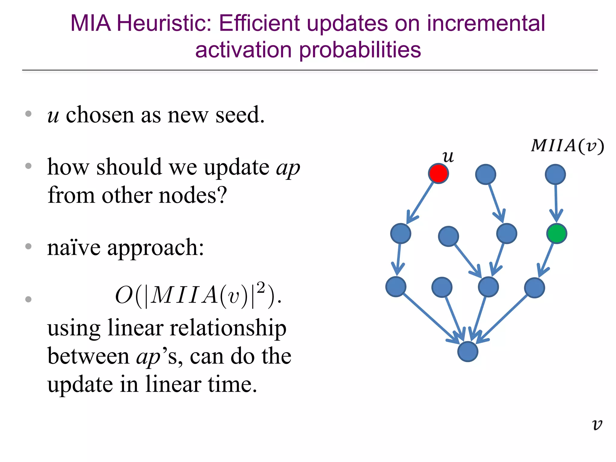 MIA Heuristic: Efficient updates on incremental
activation probabilities
 
 
 
• u chosen as new seed.
• how should we update ap
from other nodes?
• naïve approach:
•  
using linear relationship
between ap’s, can do the
update in linear time.
 