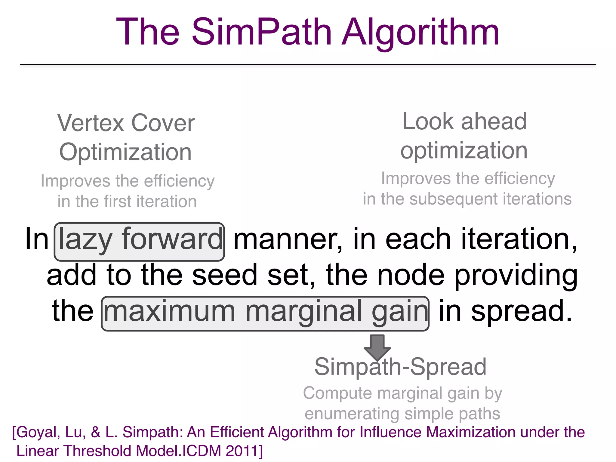 The SimPath Algorithm
In lazy forward manner, in each iteration,
add to the seed set, the node providing
the maximum marginal gain in spread.
Simpath-Spread
Vertex Cover
Optimization
Look ahead
optimization
Improves the efficiency
in the first iteration
Improves the efficiency
in the subsequent iterations
Compute marginal gain by
enumerating simple paths
[Goyal, Lu, & L. Simpath: An Efficient Algorithm for Influence Maximization under the
Linear Threshold Model.ICDM 2011]
 