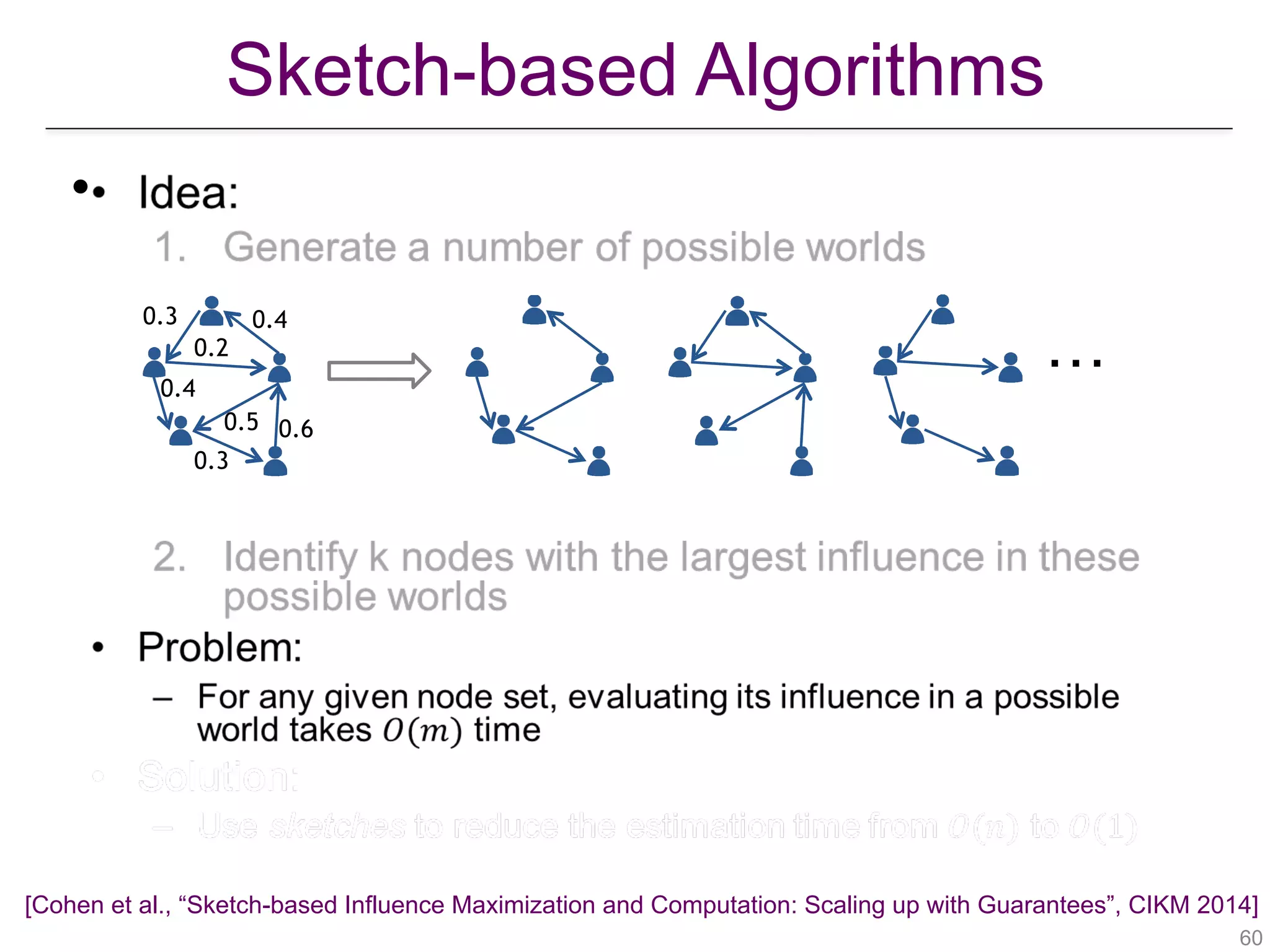 Sketch-based Algorithms
!60
•
0.4
0.3
0.60.5
0.2
0.3 0.4
…
[Cohen et al., “Sketch-based Influence Maximization and Computation: Scaling up with Guarantees”, CIKM 2014]
 