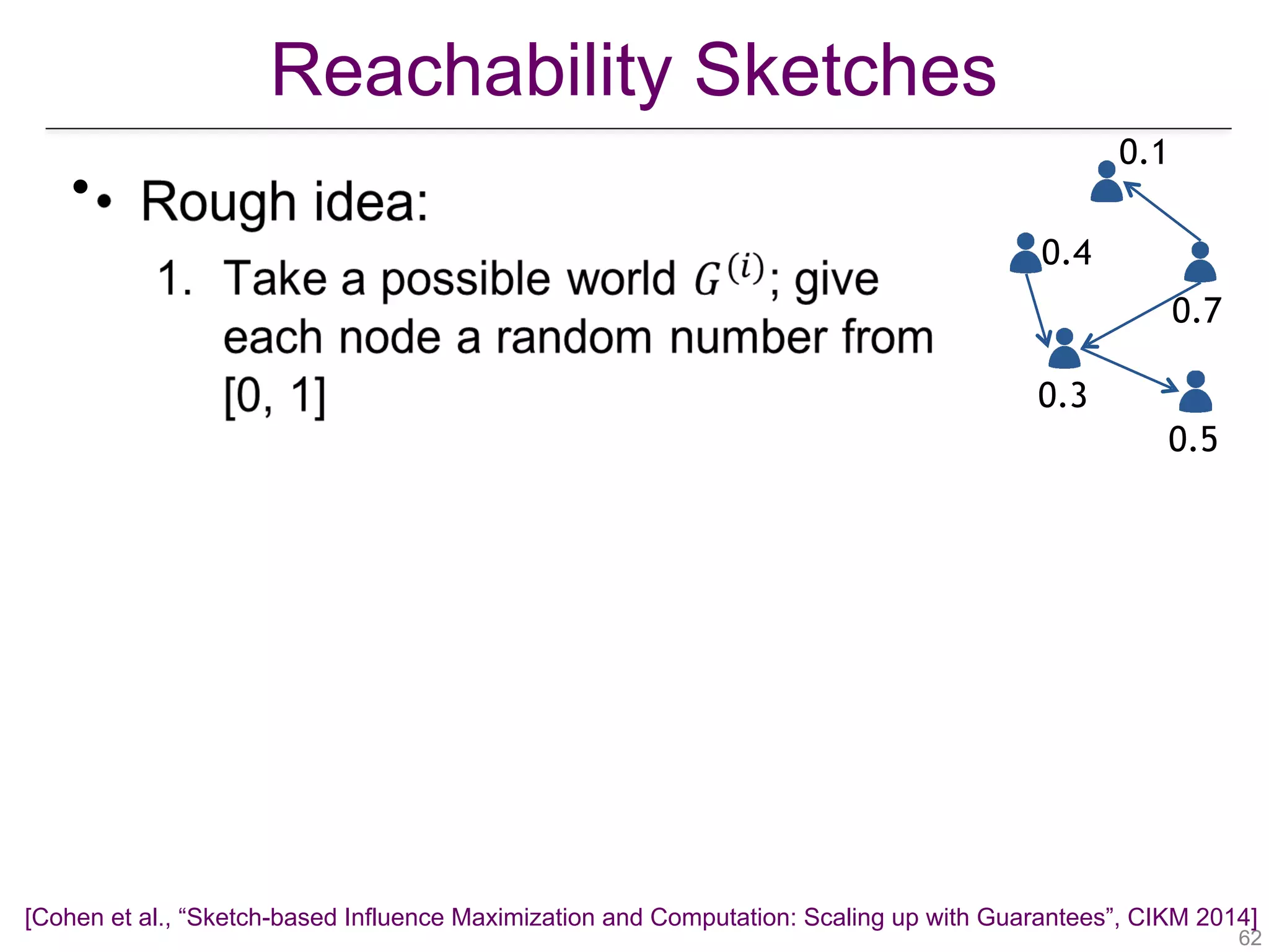 Reachability Sketches
!62
•
0.3
0.4
0.5
0.1
0.7
[Cohen et al., “Sketch-based Influence Maximization and Computation: Scaling up with Guarantees”, CIKM 2014]
 