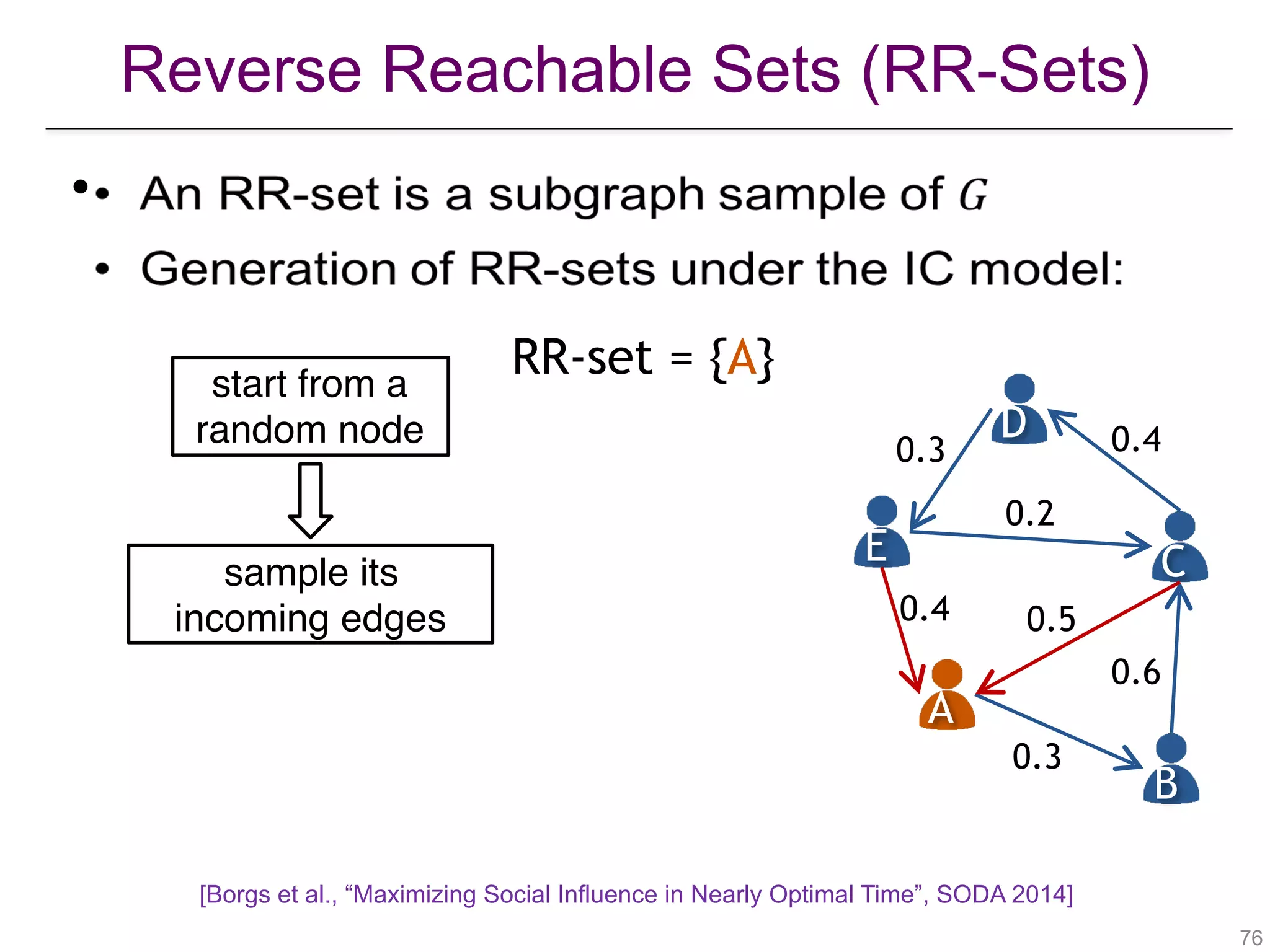 Reverse Reachable Sets (RR-Sets)
!76
•
start from a
random node
A
B
CE
D
0.4
0.3
0.6
0.5
0.2
0.3 0.4
sample its  
incoming edges
RR-set = {A}
[Borgs et al., “Maximizing Social Influence in Nearly Optimal Time”, SODA 2014]
 