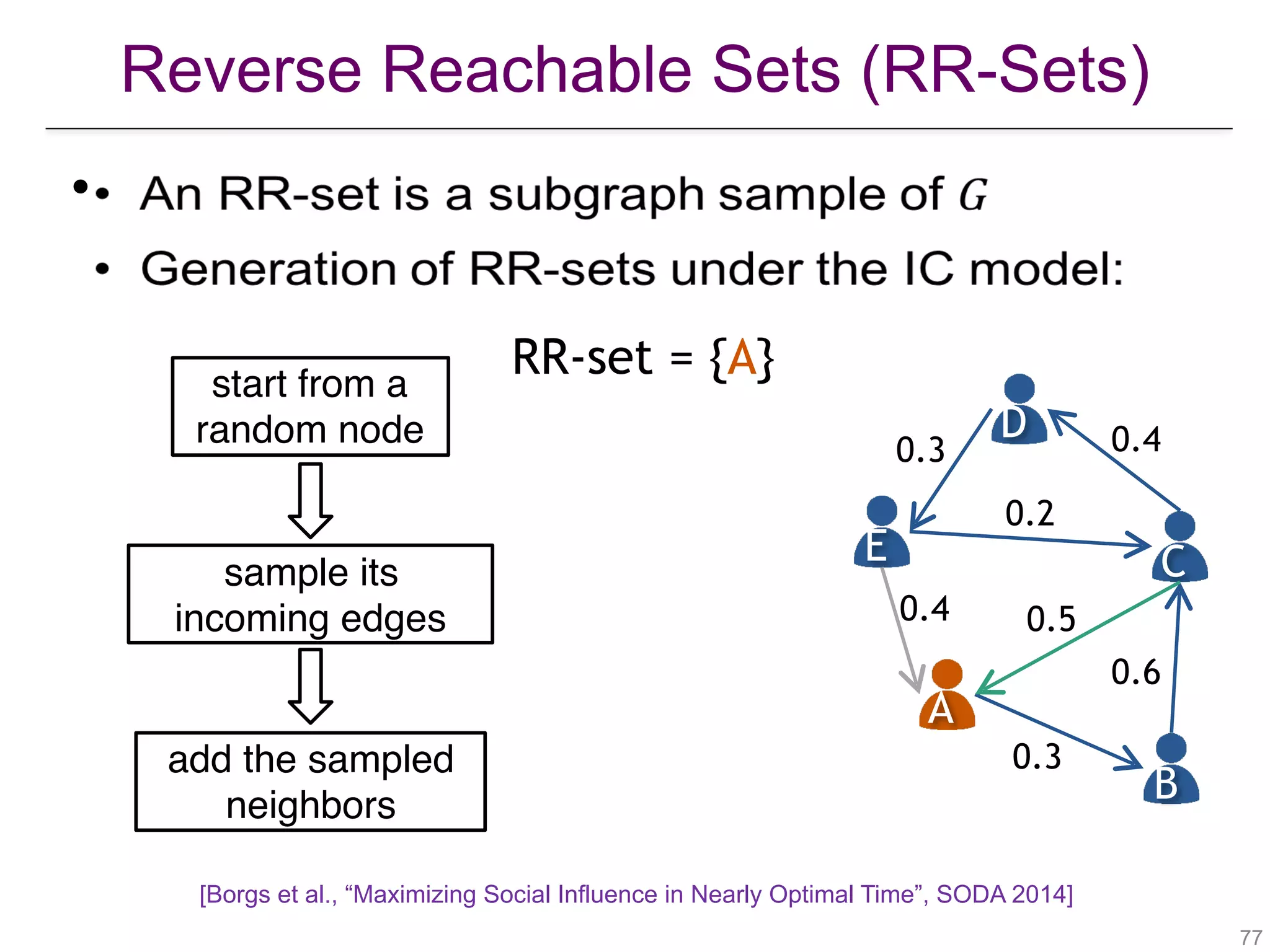 Reverse Reachable Sets (RR-Sets)
!77
•
start from a
random node
A
B
CE
D
0.4
0.3
0.6
0.5
0.2
0.3 0.4
sample its  
incoming edges
RR-set = {A}
add the sampled
neighbors
[Borgs et al., “Maximizing Social Influence in Nearly Optimal Time”, SODA 2014]
 