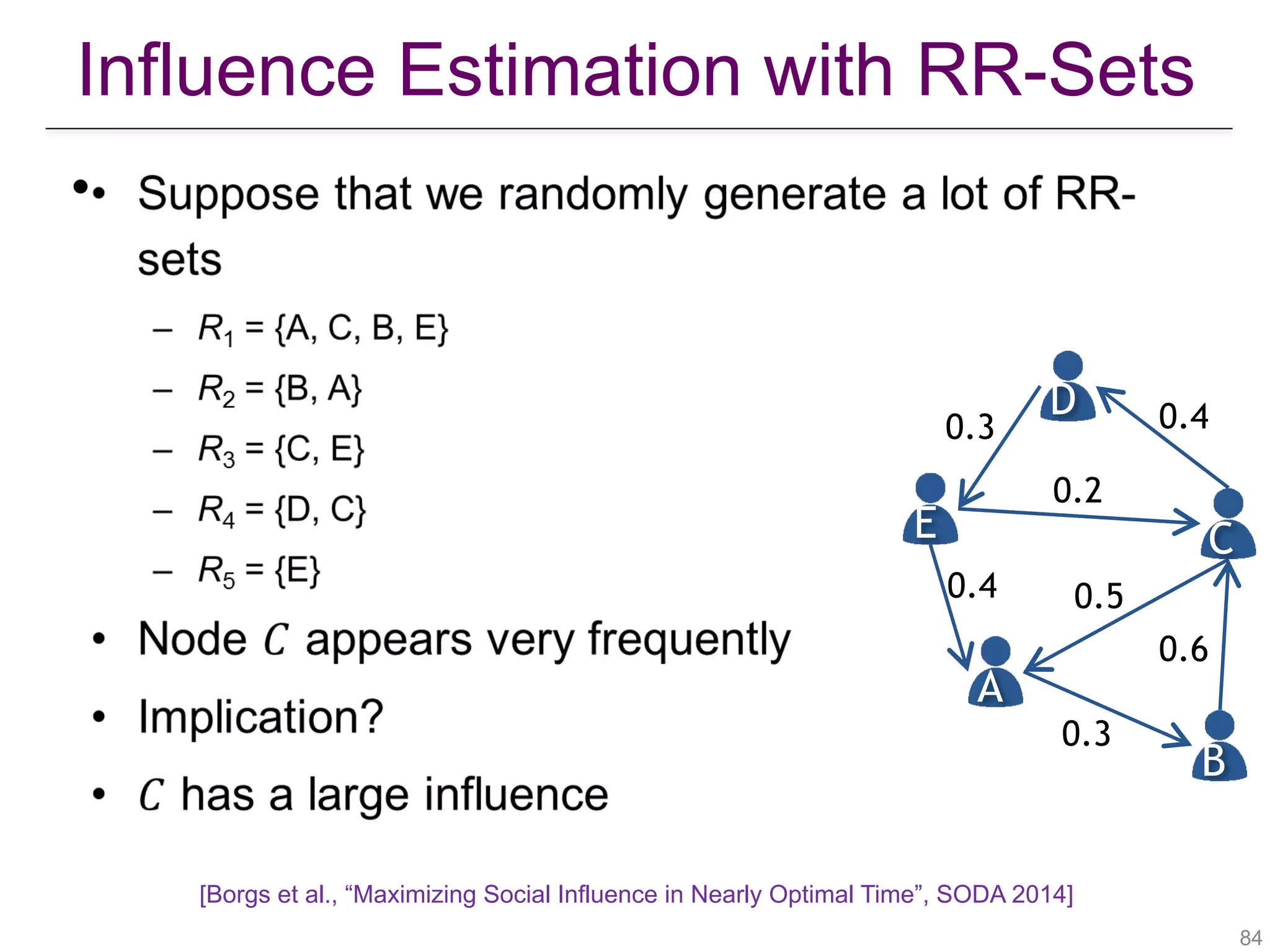 Influence Estimation with RR-Sets
!84
•
A
B
CE
D
0.4
0.3
0.6
0.5
0.2
0.3 0.4
[Borgs et al., “Maximizing Social Influence in Nearly Optimal Time”, SODA 2014]
 
