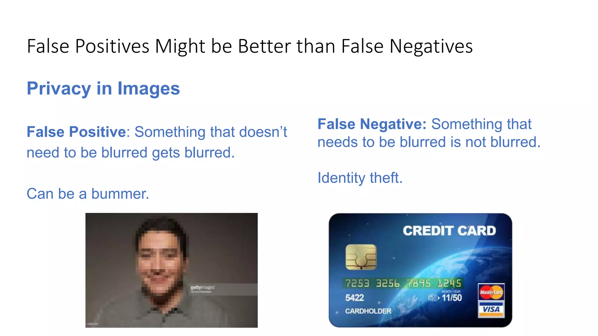 Privacy in Images
False Positive: Something that doesn’t
need to be blurred gets blurred.
Can be a bummer.
False Negative: Something that
needs to be blurred is not blurred.
Identity theft.
False Positives Might be Better than False Negatives
 